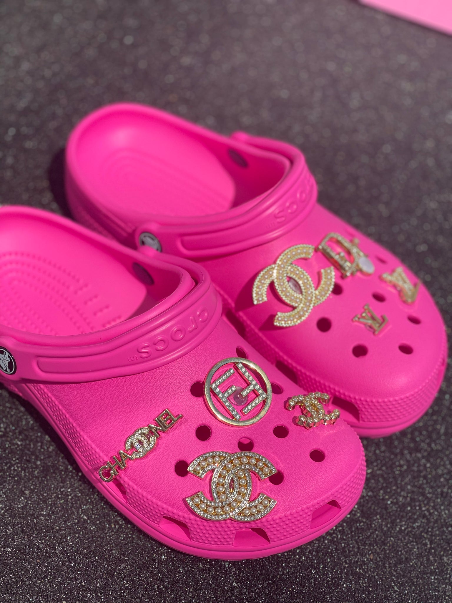 Pink Designer Electro Crocs With Designer Charms